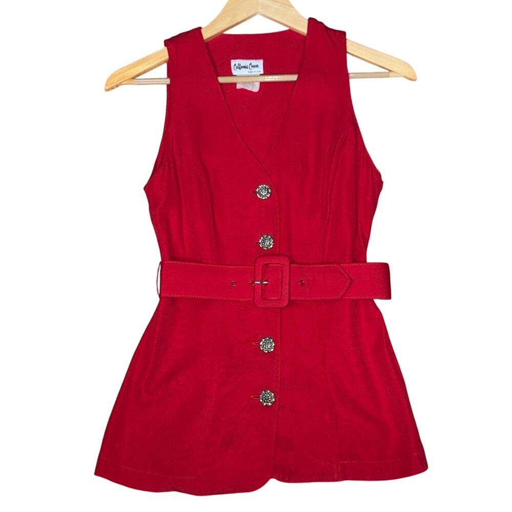 Vintage Long Line Cherry Red Vest Size 5 Gold Buttons Belted 90s Minimalist